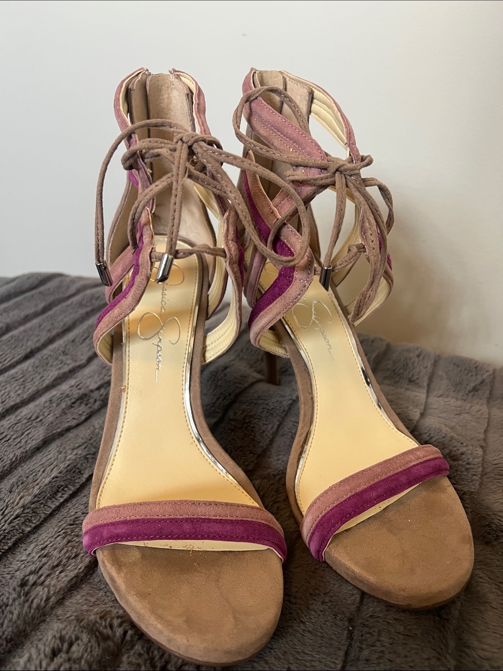 Jessica Simpson Taupe and Berry Lace-Up Suede Heels